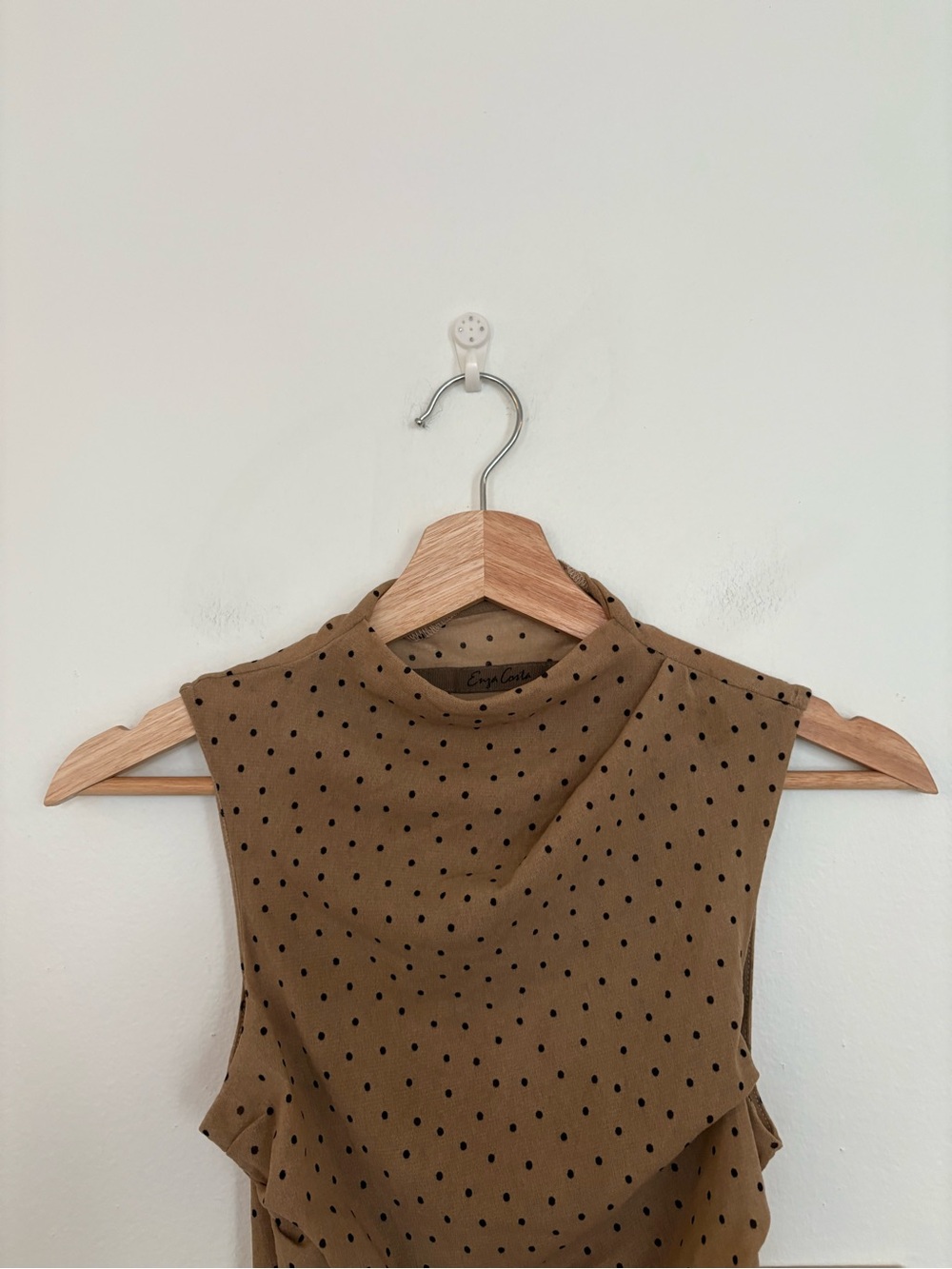 Enza Costa || Mesh Sleeveless Twist Top Ruched Mock Neck Polka Dot Tan Small - Picture 4 of 10